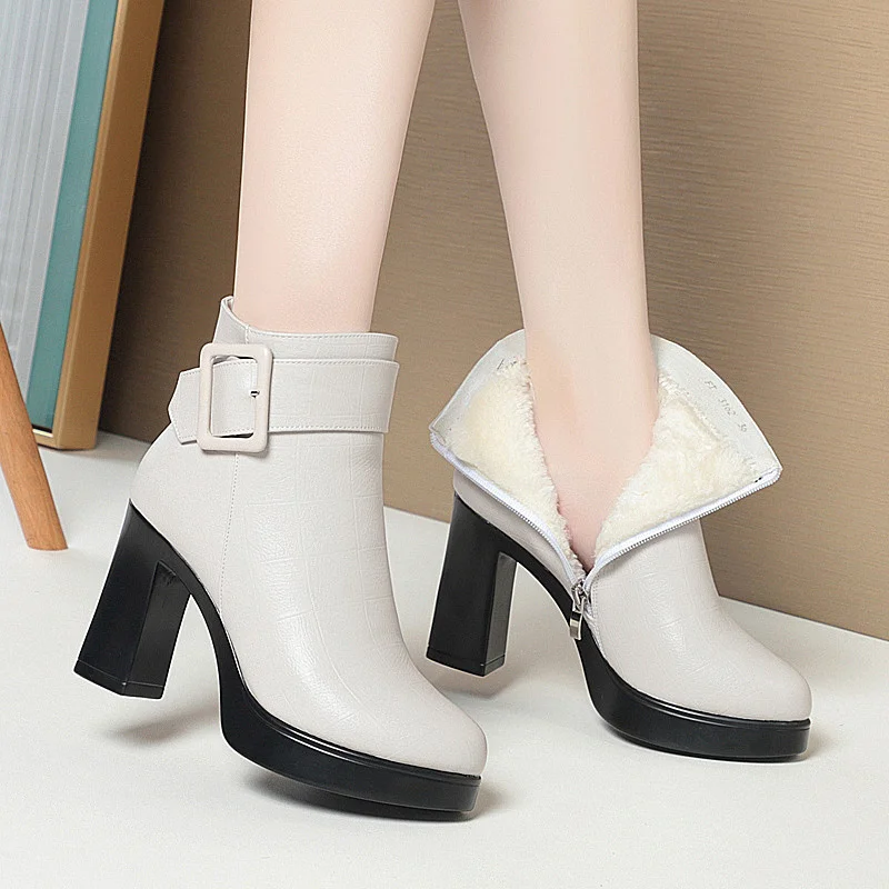 Winter Black Thick High Heel Ankle Boots Women 2024 Keep Warm Fashion Elegant Short Buckle Decoration Leather Boots