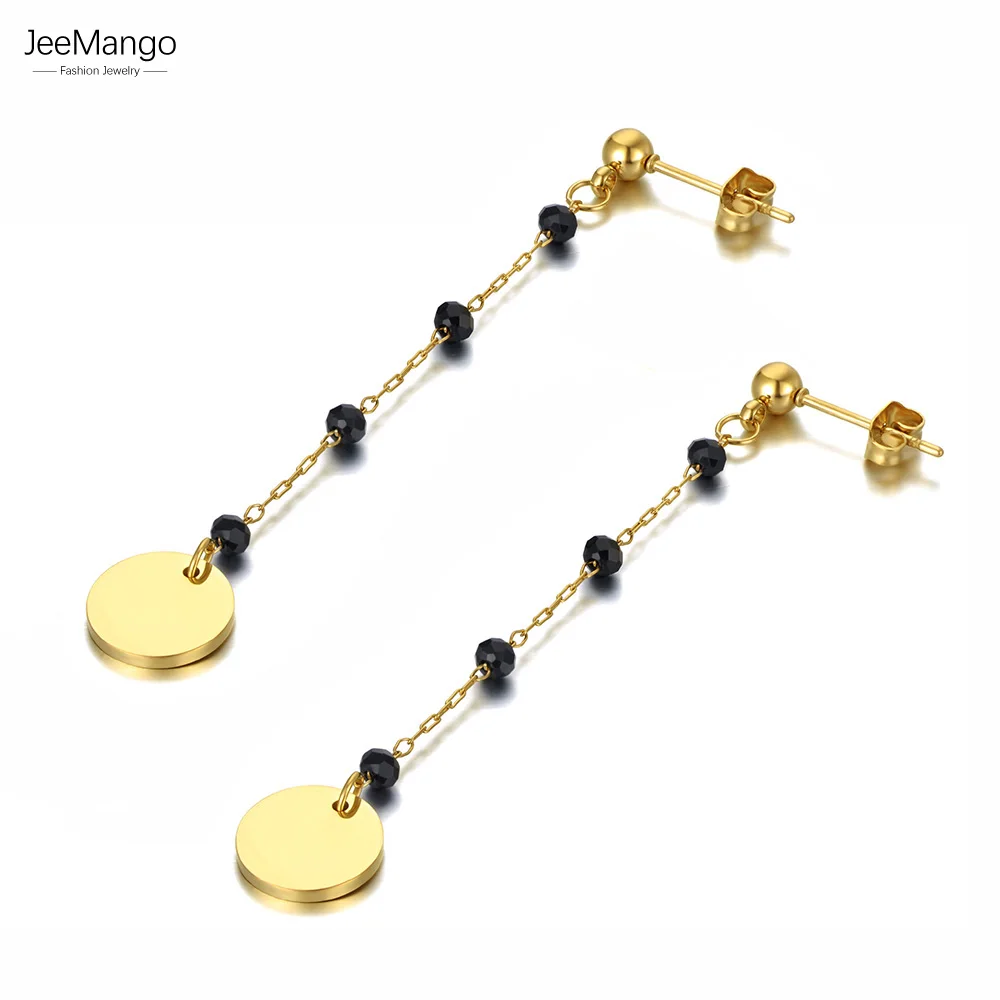 JeeMango Trendy Titanium Stainless Steel Black CZ Crystal Disc Dangle Earrings For Women Trendy Rhinestone Party Jewelry JE21073