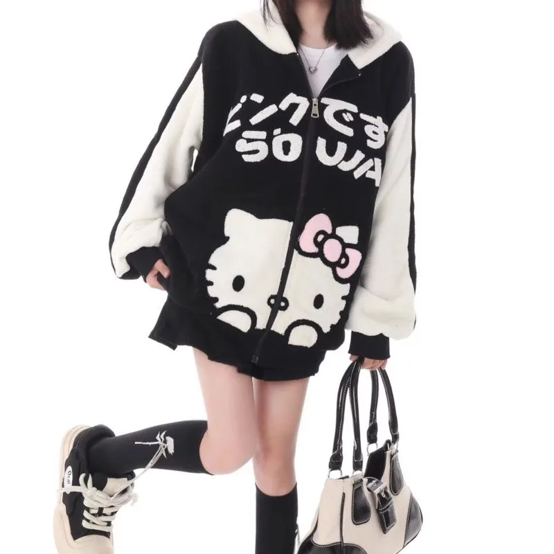 New Sanrio Hello Kitty Hoodie Zip Up Kawaii Sweater Woman Winter Sweatshirt Top Loose Long Sleeve Thickened Oversize Y2k Clothes