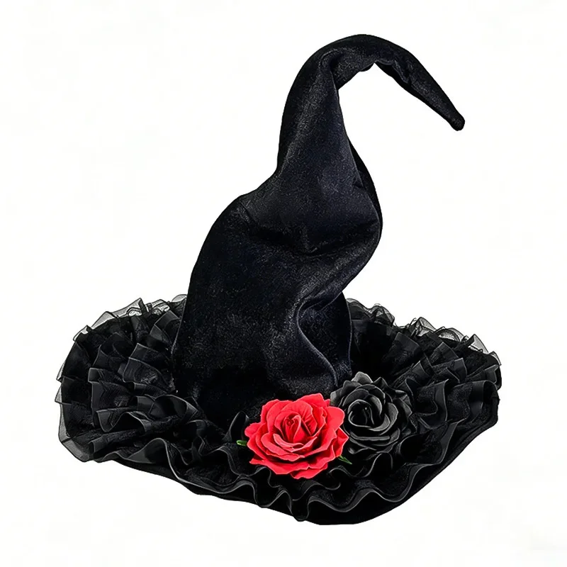Black Witch Hat Lace Rose Gothic Halloween Cosplay Costume Hat Women Vintage Spider Web Party Headwear Prop