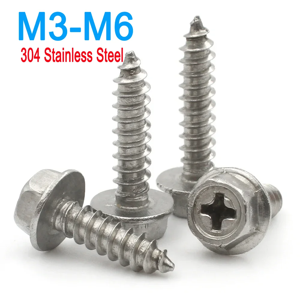 

M3 M4 M5 M6 304 Stainless Steel Self-Tapping Phillips Cross Recessed Hex Hexagonal Flange Cross Head Screws 5/10pcs
