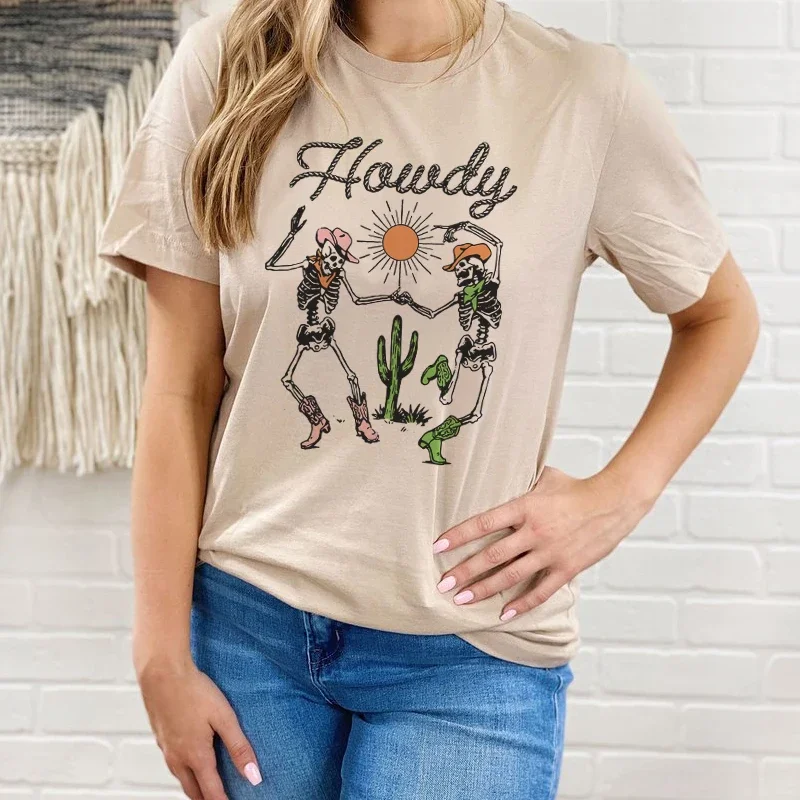 Howdy Skeleton Cowgirl Western Style T Shirt Summer Female Cute Funny Graphic Tshirt Vintage Boho Women Shirt Retro Top