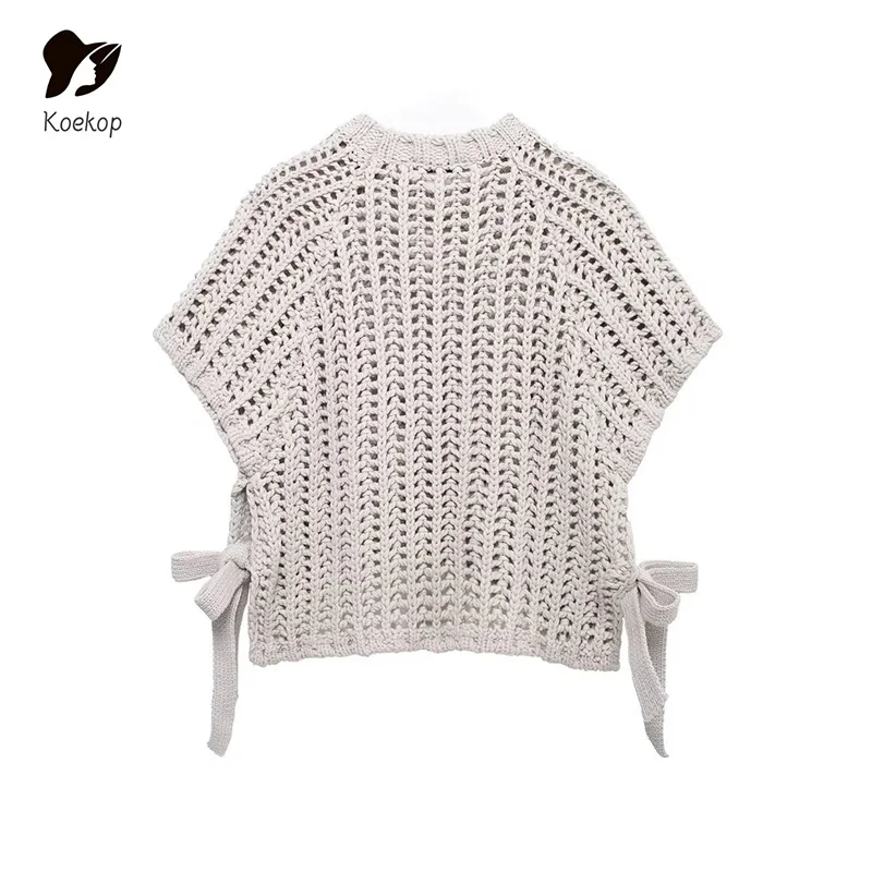 Koekop Women's Fashion Solid Color Skeleton Knit Short Top Vintage Casual Temperament Tie Decoration Chic Lady Top