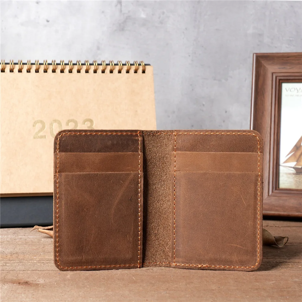 Vintege Genuine Leather Men's Real Pickup Bag Crazy Horse Leather Driver's License Clip Retro Brown Coffee Color Simple