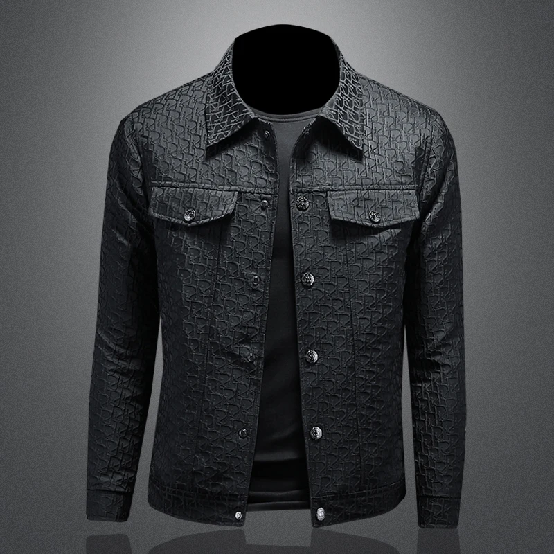

Autumn 2023 Men's Casual Printed Jaet Turn-down Collar Outerwear Youthful Trendy Brand Polyester Long Sve Stand Fit
