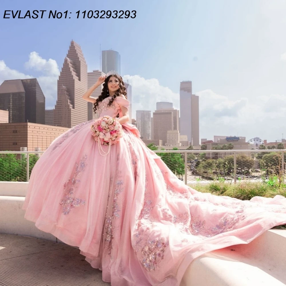 

EVLAST Customized 2026 Pink Quinceanera Dress Ball Gown Lace Applique Crystal Beaded Bow Sweet 16 Vestidos De 15 Anos E1QN470