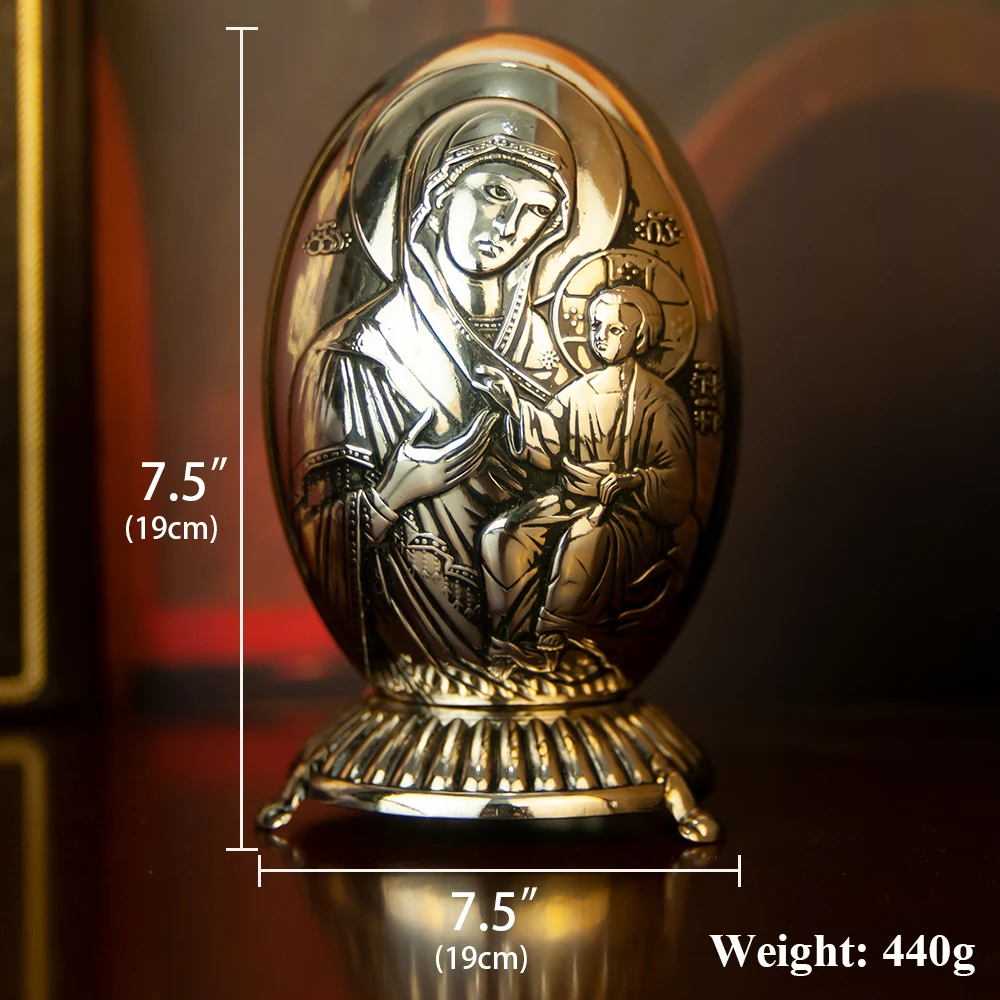 New Byzantine Silver Plated Orthodox Theotokos Icon Egg with Stand for Church Home Altar Devotion Christian Gift Decor Accessory