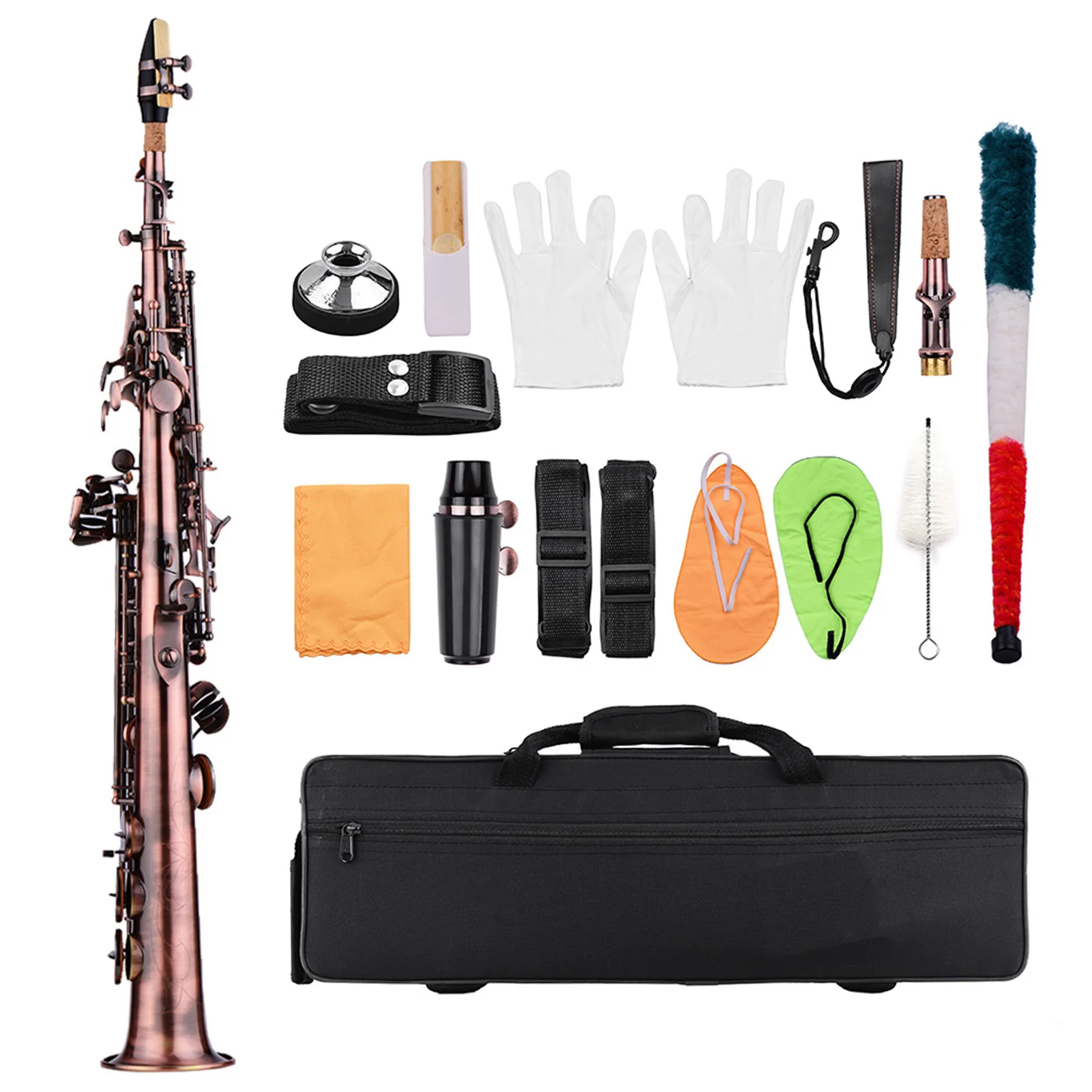 Professional Brass Straight Bb Soprano Saxophone Nickel Plated Sax Woodwind Instrument Carve Pattern with Case Gloves Cleaning C