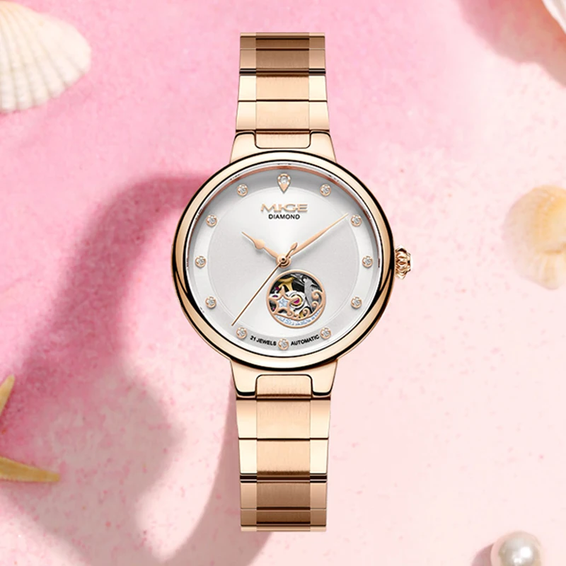 MIGE Rose Gold Women Automatic Mechanical Watch Diamond Mark Hollow Dial Stainless Steel Band Elegant Ladies Waterproof Wristwat
