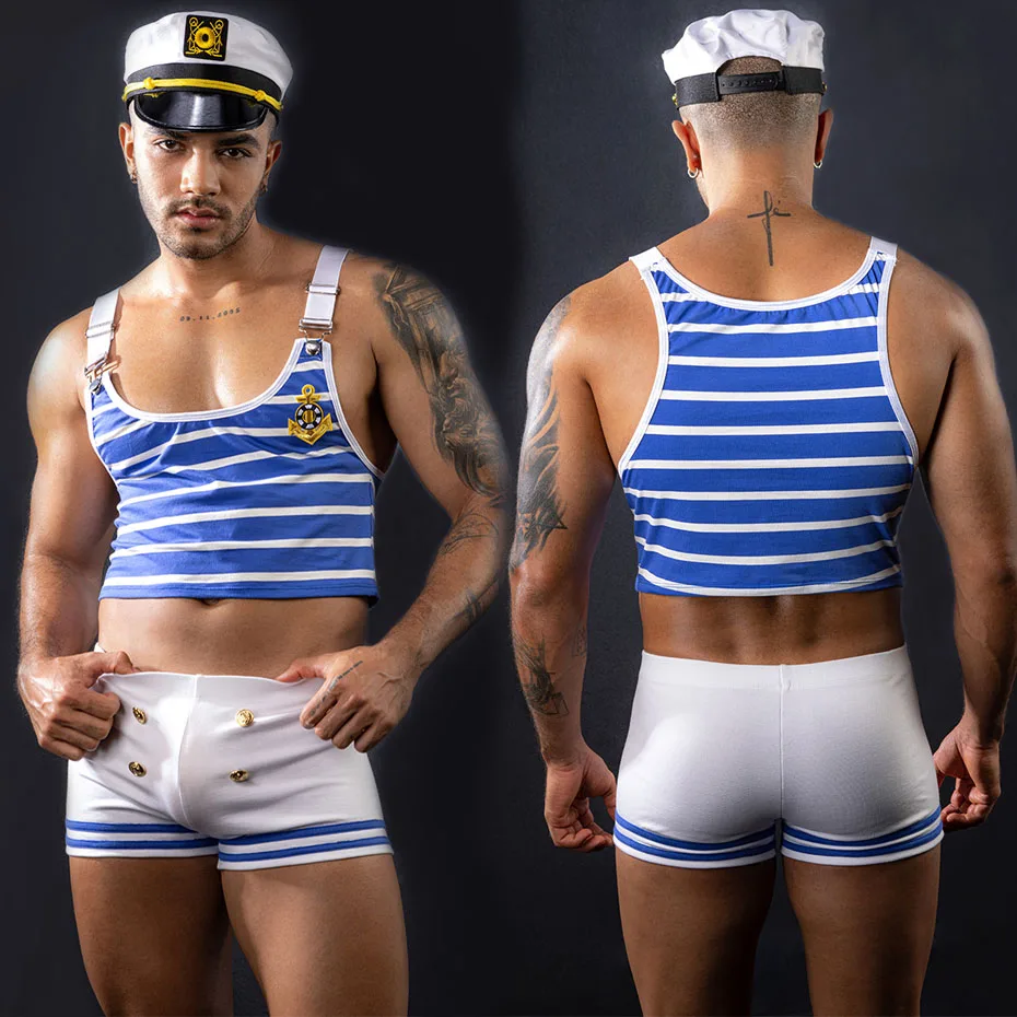 JSY Sexy Sailor Uniform Cosplay Lingerie Men Underwear Blue Vest Bodysuit Erotic Lingerie Porno Costumes Sexy Role Play Outfits