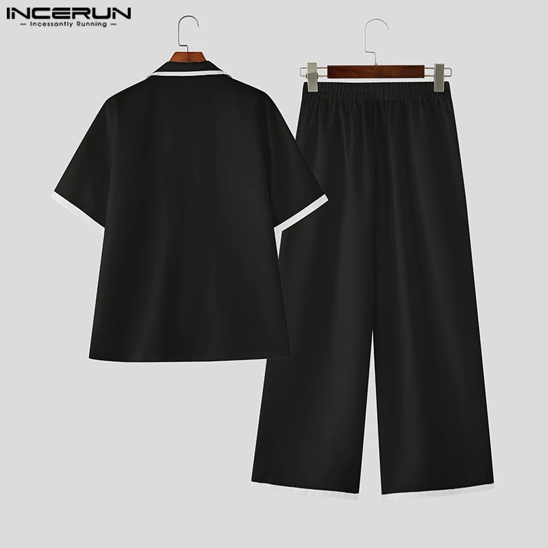 INCERUN Мужские комплекты Лоскутная рубашка с короткими рукавами и брюки Комплекты из двух предметов Уличная одежда Свободные модные мужские повседневные костюмы 2025 года S-5XL