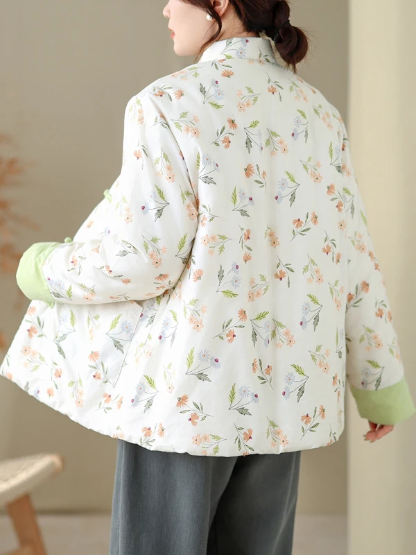 Authentic 2025 Floral Cotton Jaet Autumn Winter Warm Loose Chinese Sle Cotton Coat Thiened Long Sve Stand Collar Coat