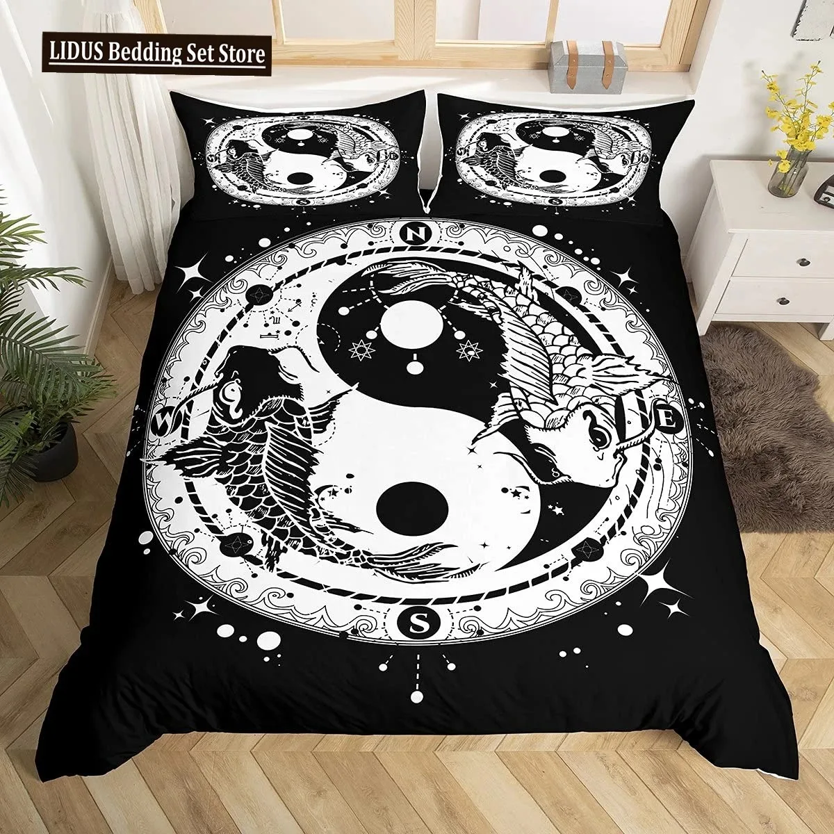 Yin Yang King Queen Duvet Cover Mandala Bohemian Bedding Set Retro Lotus Tai Chi Bagua Comforter Cover Chinoiserie Quilt Cover