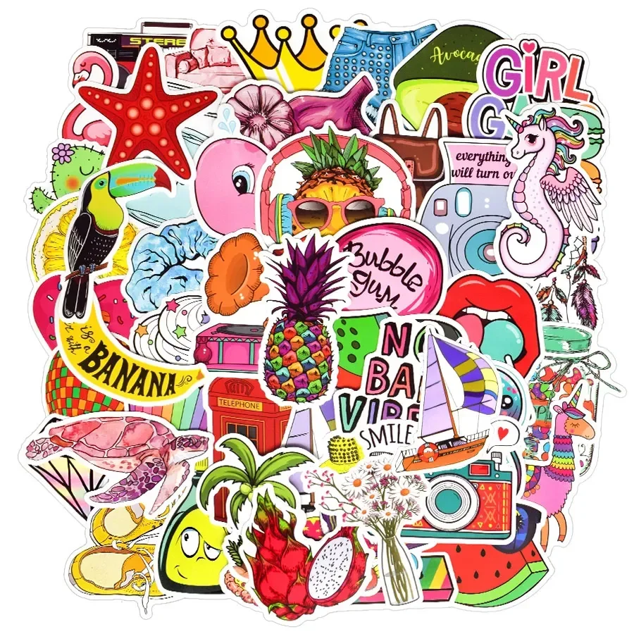 50 PCS Pink Cartoon Cute Stickers Girl Vsco Anime Waterproof Stickers to DIY Laptop Cosmetic Case Suitcase Skateboard Guitar Car