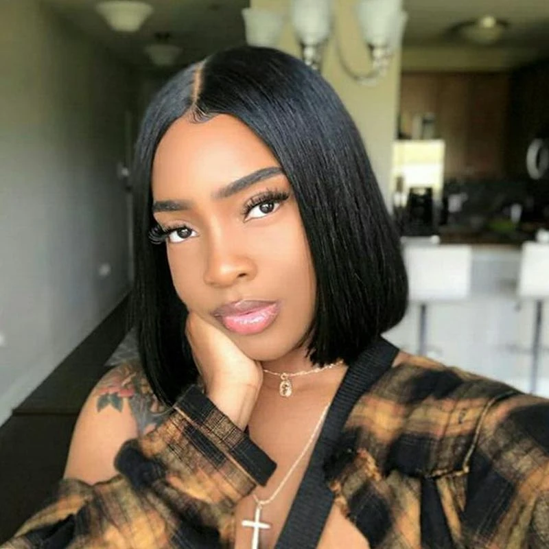 New European and American style middle-parted bobo women's short straight hair , slightly wavy, heat-resistant synthetic wig,