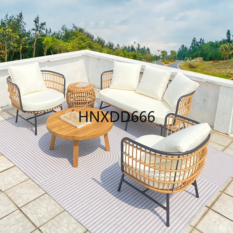 Simple modern outdoor sofa leisure rattan chair furniture rock slab coffee table combination