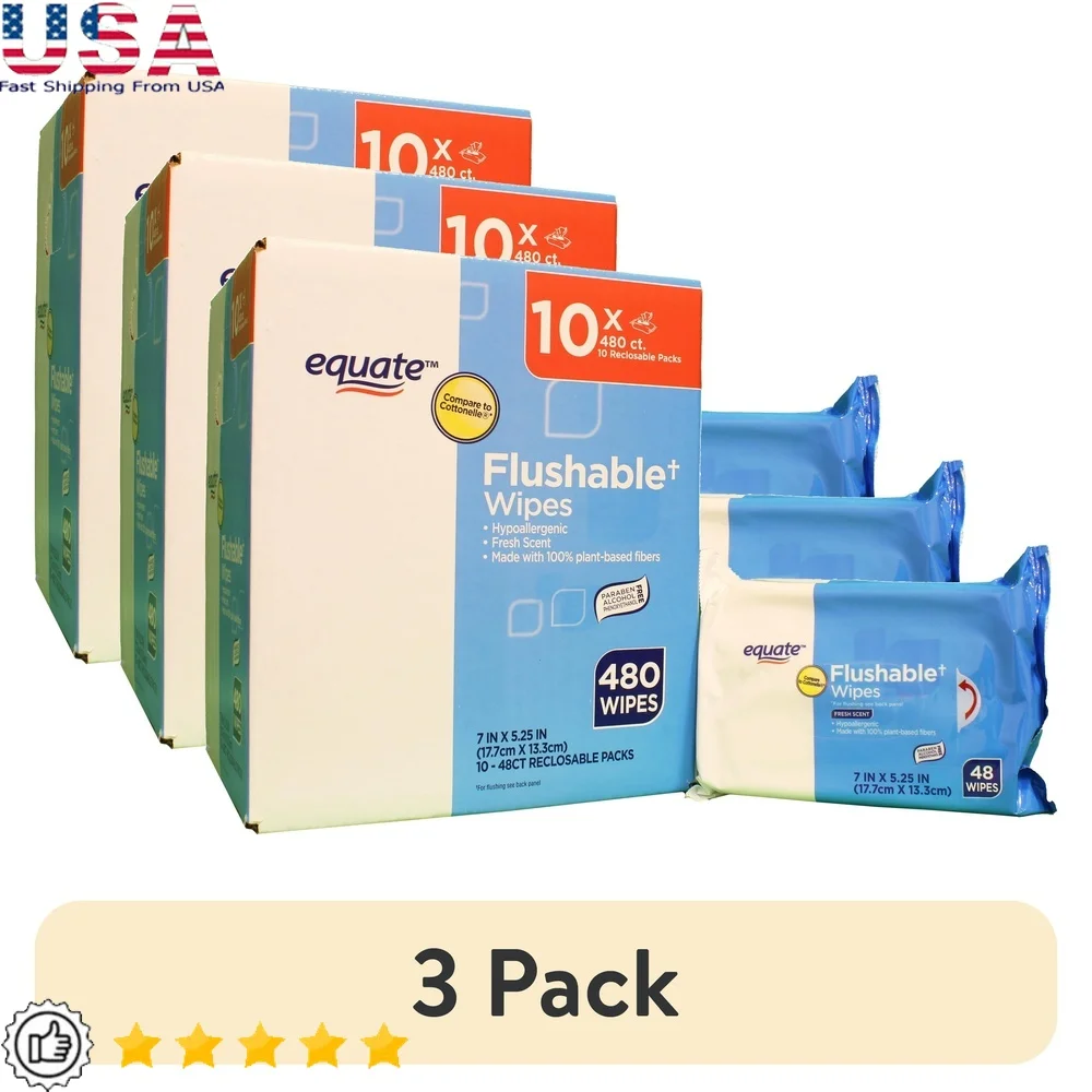 

Flushable Wet Wipes 3 Pack Fresh Scent 480 Wipes Aloe Vitamin E Easy Pop Up Dispenser Plant Based Fibers Resealable Value Pack