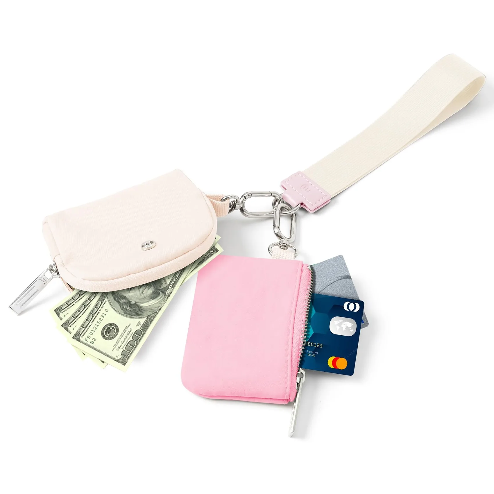 Double Pouch Wristlet Keychain Wallet Small Zipper Coin Purse Women Portable Detachable Key Card Holder Change Pocket Handbag