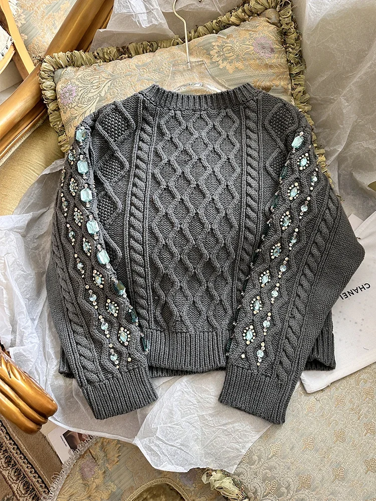 2024 New Retro Feminine Beaded Small Fragrant Short Sweaters Gorgeous Women\'s Long-sleeve Jacquard Diamond Cardigan Knitted Tops