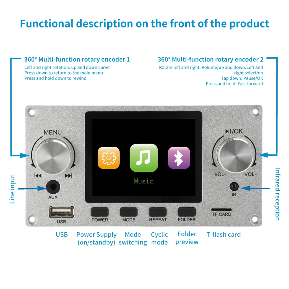 DC 5-12V 2.8 Inch TFT Color Screen Lossless Audio Decoding Board Module Support I2S Digital Audio Output Player TF USB Call