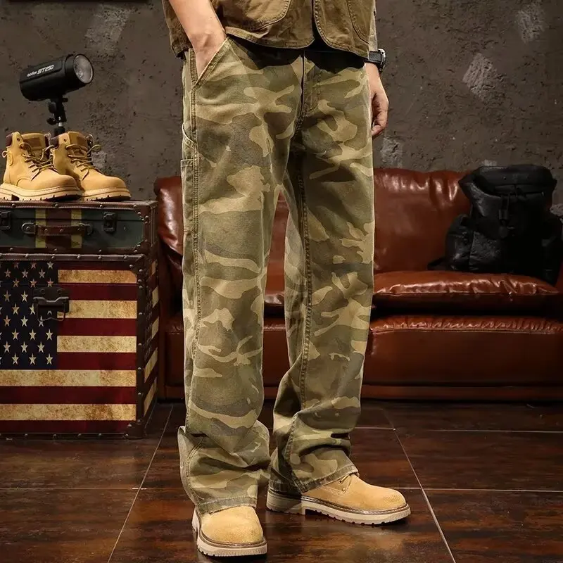 

Spring Autumn Vintage Multi-pocket Camouflage Cargo Pants For Men High Street Y2k Loose Straight Trousers Washed Denim Jeans