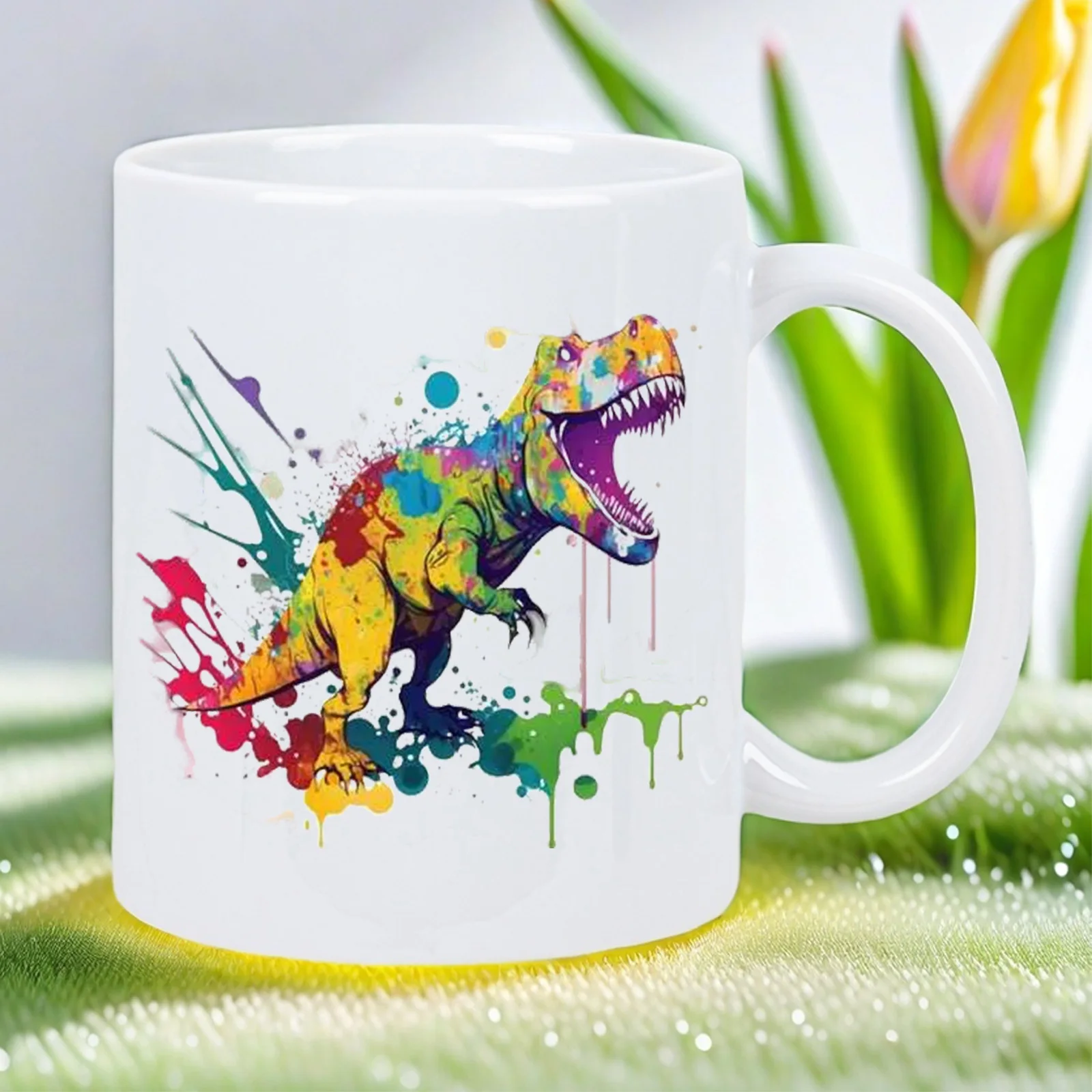 

Dinosaur-Themed White Ceramic Mug with Colorful Dino Design - & Use, Dishwasher Safe & Tea Cup, Novelty G