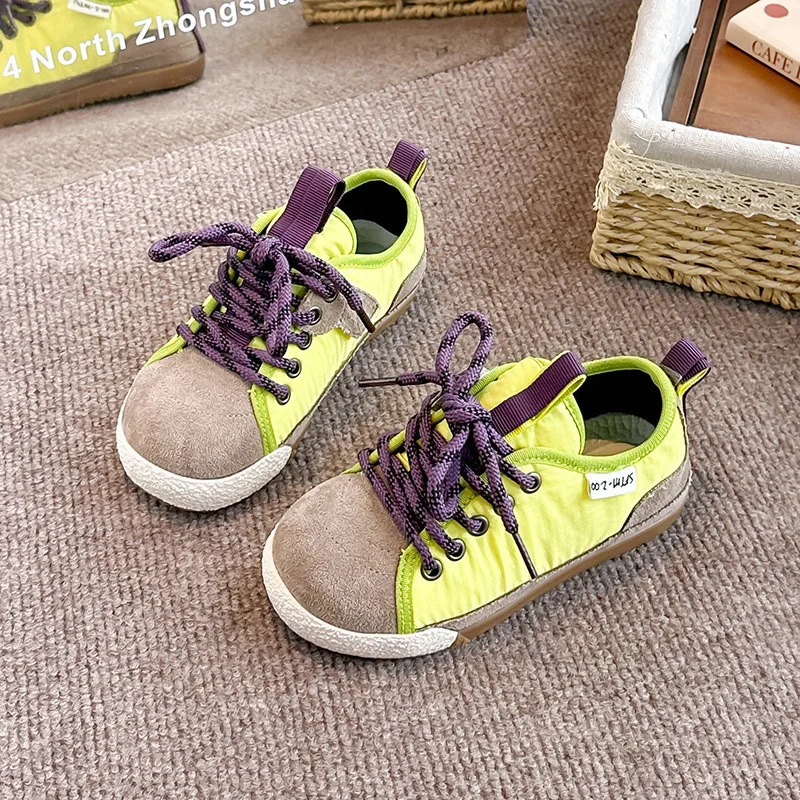 Kids Lace Up Shoes Girls Boys Color Splicing Suede Sneakers 2026 Autumn Children Walk Non-slip Casual Shoes Fashion 26-37