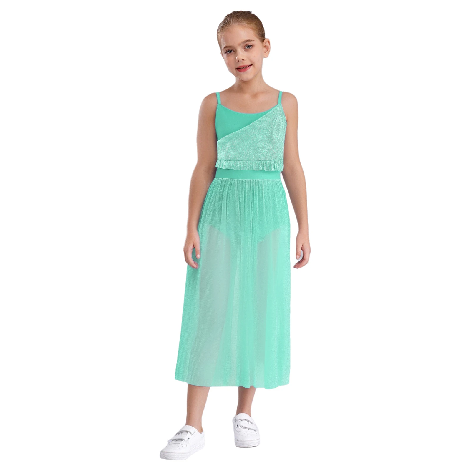 

Kids Girls Lyrical Dance Leotard Dress Spaghetti Straps Ruffles Glittery Mesh Overlay Sides Split Dresses Ballerina Costume