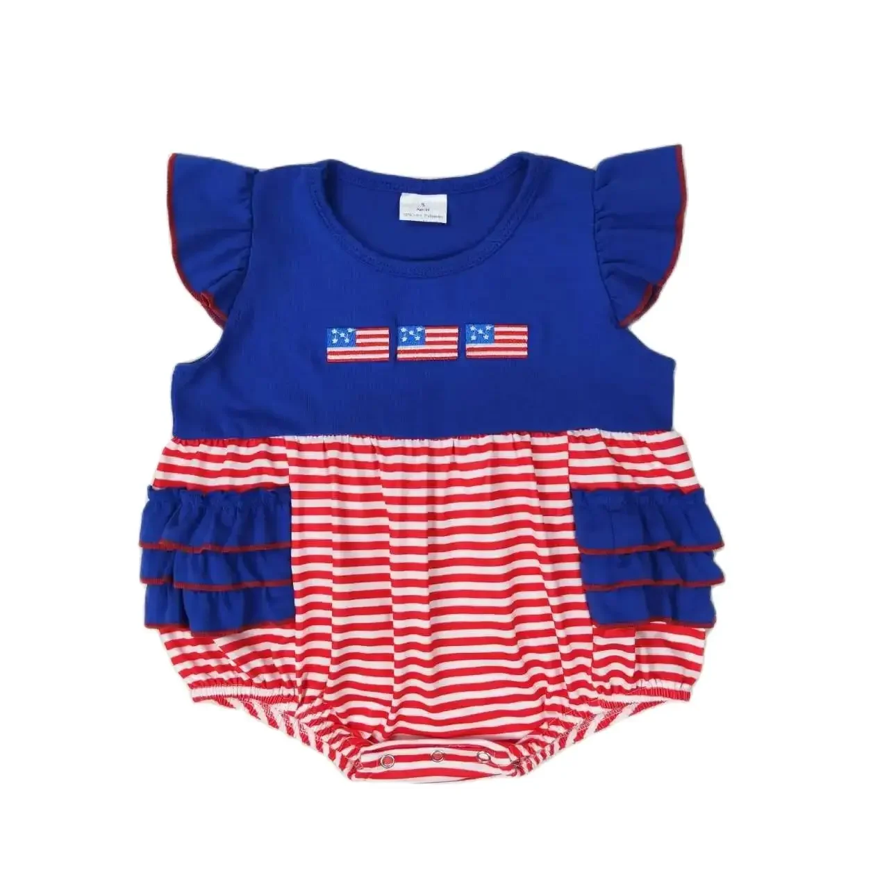 

SR1211 Good Quality Baby Girl Clothes Flying Sleeves Top Embroidery Flag Print With Jumpsuit Children Clothes