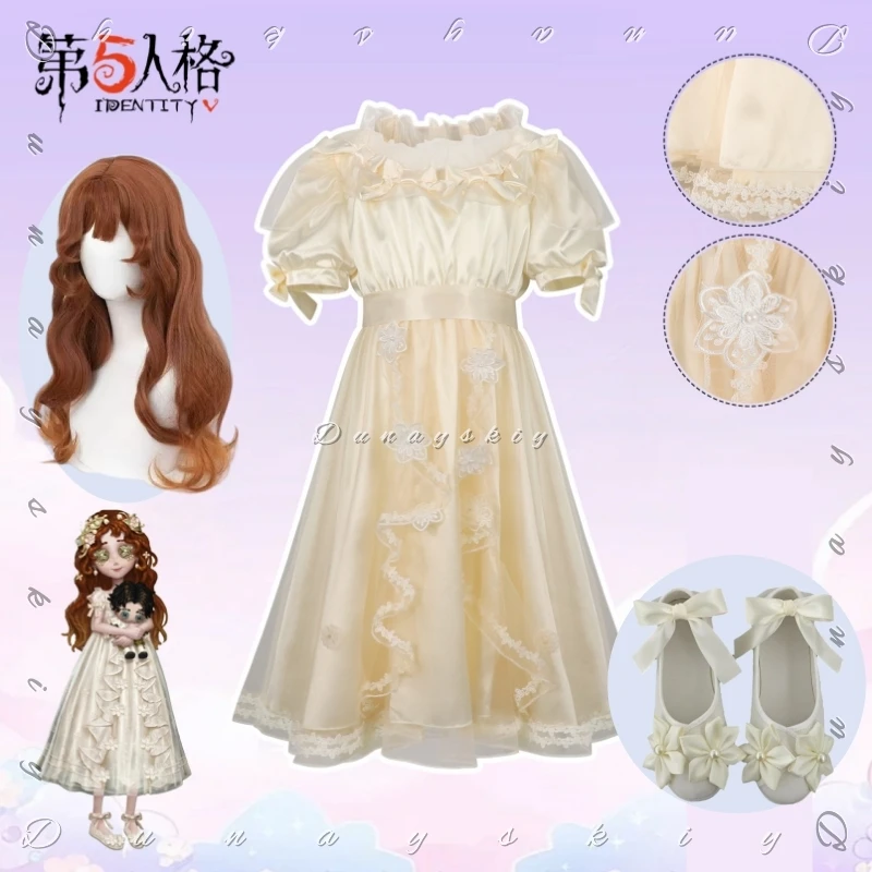 Disfraz de Cosplay de la Niña Oedipus de Identity V, Zapatos Color Crema, Vestido Lolita Dulce con Encaje y Bordado Floral, Mangas Cortas Abullonadas