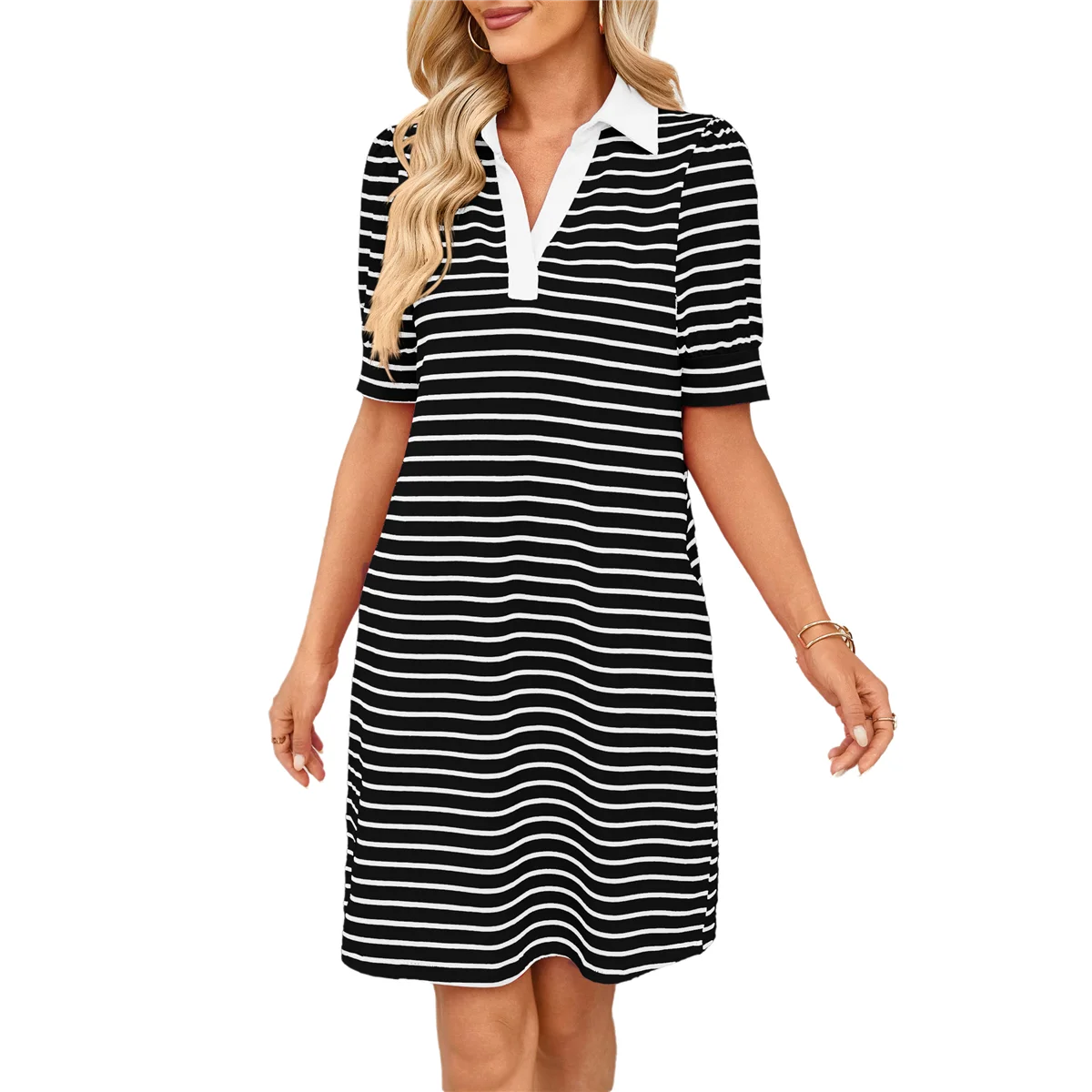 여성 여름 캐주얼 스트라이프 V 넥 짧은 소매 흐르는 라인 미니 드레스 흑백 XXL