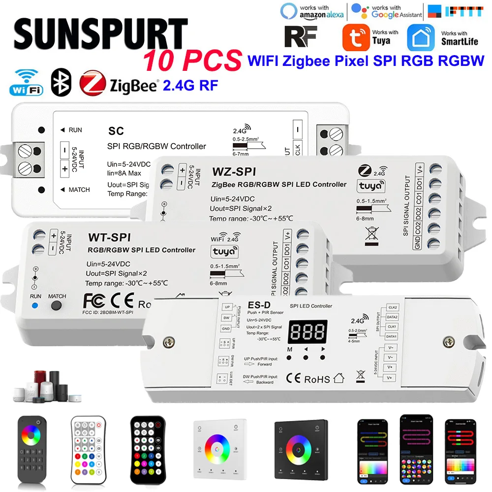 WT-SPI/WZ-SPI Tuya WiFi Zigbee+RF SPI LED Controller DC5V-24V WS2811 Ws2812 Ws2815 SK6812 RGB/RGBW LED Strip Pixel Modules Light