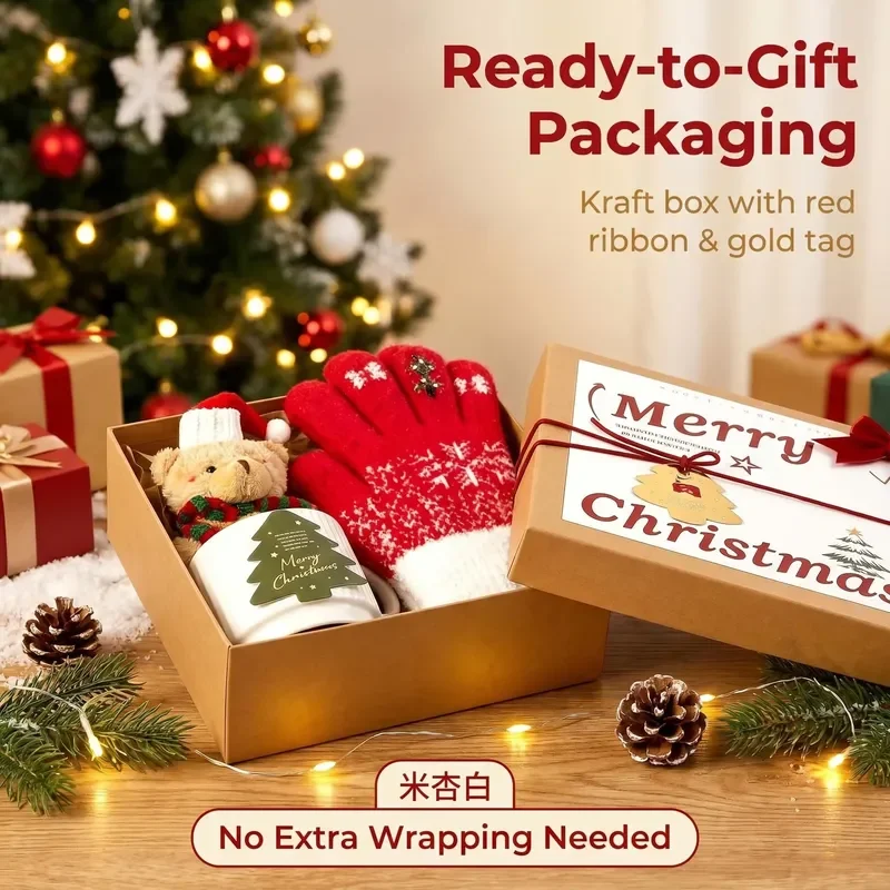 Lunaire Self Care Christmas Gift Set with Mug Gloves Bear Charm Winter Warm Gift Box for Holiday Party Favors