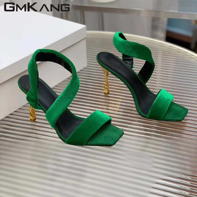 

2023 Metal Heel Sandals Women's Square Open Toe Satin Sandals Women's Slim Heel Summer Shoes Women's High Heel Sandals