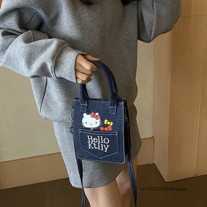 Sanrio Hello Kitty, стильная мини-сумка-тоут, ручная сумка весна-лето 2024, новая джинсовая сумка через плечо, модная сумка на плечо в японском стиле