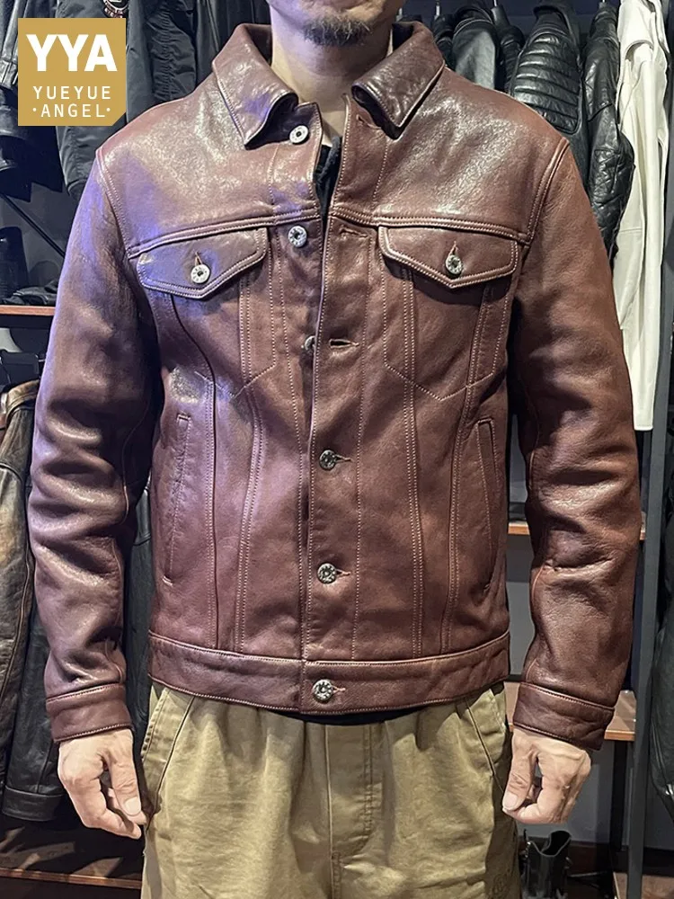 

High Quality Mens Single Breasted Genuine Leather Jacket Turndown Collar Slim Fit Fashion Real Goatskin Outerwear Casual Coats
