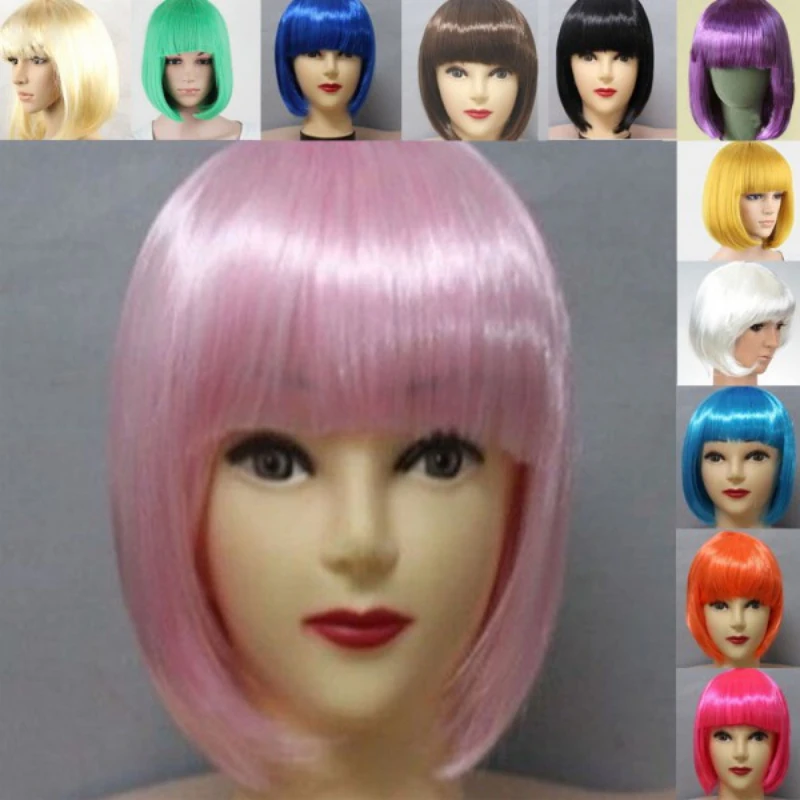 Short Bob Wig With Bangs Synthetic Wigs For Women Ombre Black Red Blonde Pink Lolita Cosplay Party Natural Hair Party Headdress