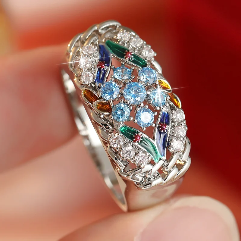 Woven Gorgeous Wide Face Ring Enamel Flower And Leaf Inlay Synthetic Zircon Ring Women's Luxurious Temperament Jewelry