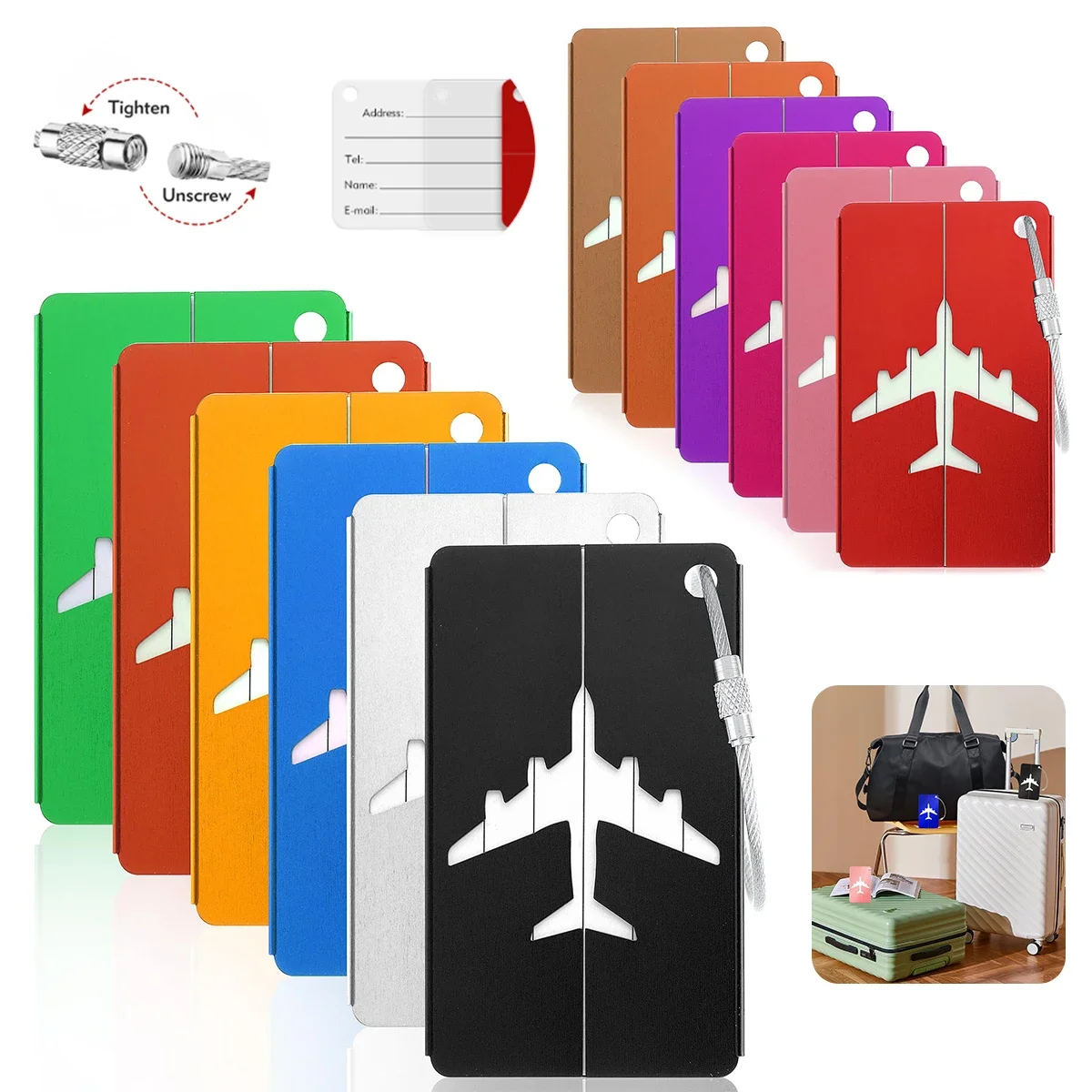 

Aluminum Alloy Travel Luggage Tag Hanging Tag Suitcase Tag Plane With Name ID Cards Anti-lost Solid Color Travel Accessories