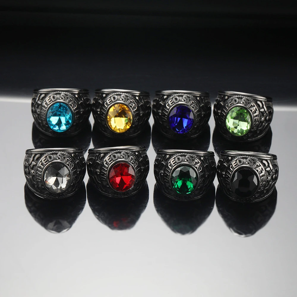 Punk Multicolor Gemstone Rings for Men Women Hip Hop Double Headed Eagle Stainless Steel Ring Fashion Charm Jewelry Wholesale