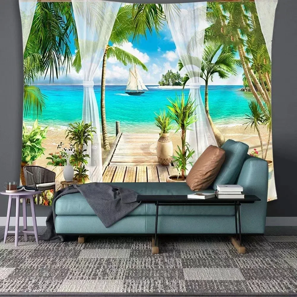 Beach Decor Tapestry Ocean Sea Tropical Island Palm Tree Scenic View From Balcony Summer Tropical Scenery Wall Hanging Tapestry