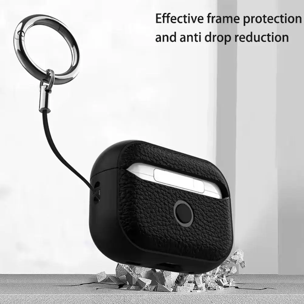 For Apple AirPods Pro 3 Litchi Leather Case Leather Pattern TPU Cover Full Protector Cover With Keychain Lanyard For AirPods