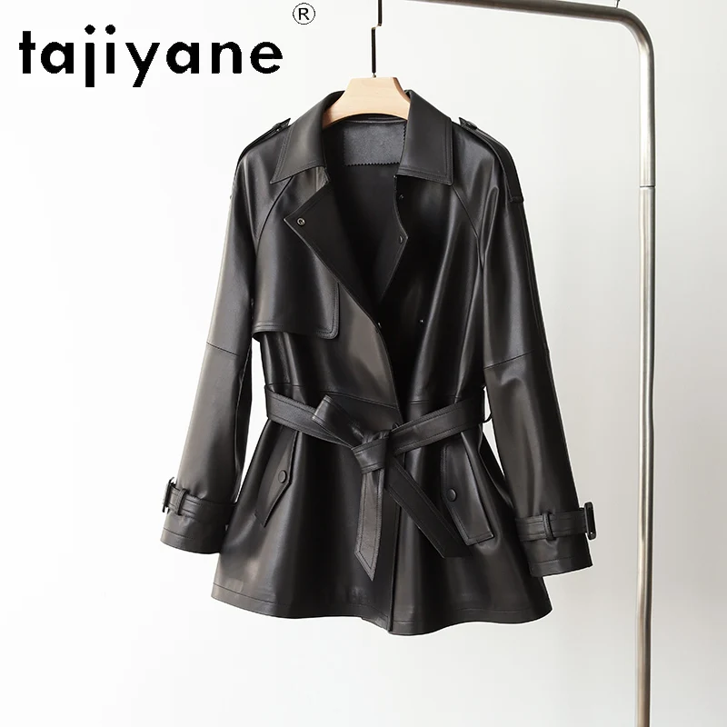 Tajeyane-gabardina de piel de oveja auténtica para mujer, chaqueta elegante de longitud media con cinturón, Abrigos de primavera y otoño