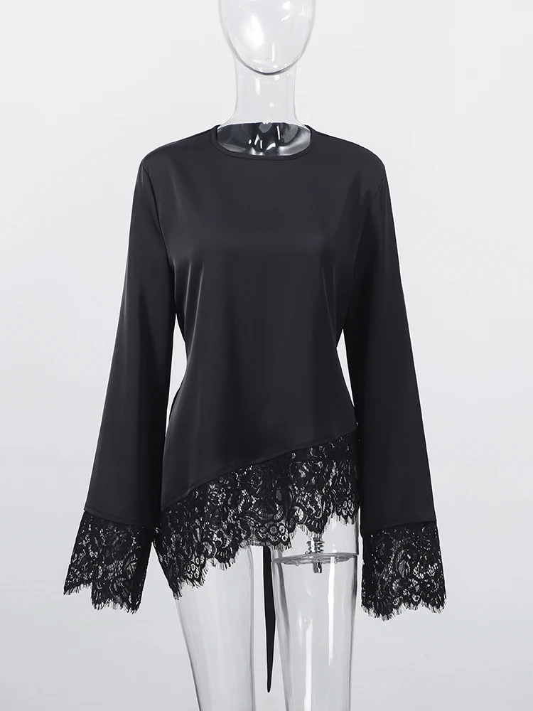 Lace Patchwork Women Blouse Long Sleeve O-neck Solid Belt Female Casual Tops Asymmetric Hem Elegant Office Ladies Streetwear