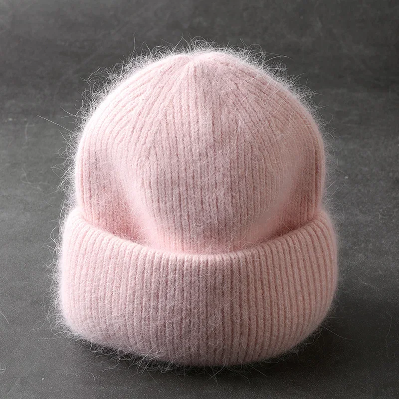 Winter Real Rabbit Fur Knitted Beanies For Women Fashion Solid Warm Cashmere Wool Skullies Beanies Female Three Fold Thick Hats