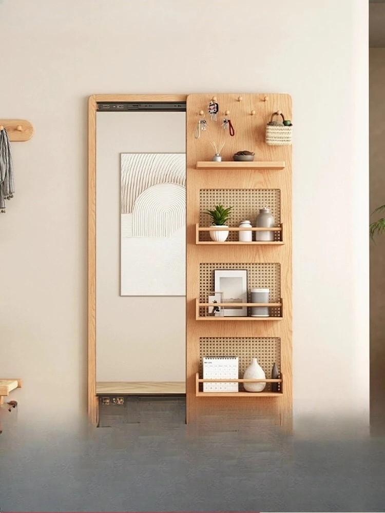 Modern simple solid wood full-body mirror home bedroom Japanese-style wall-mounted fitting mirror hidden push-pull storage makeu