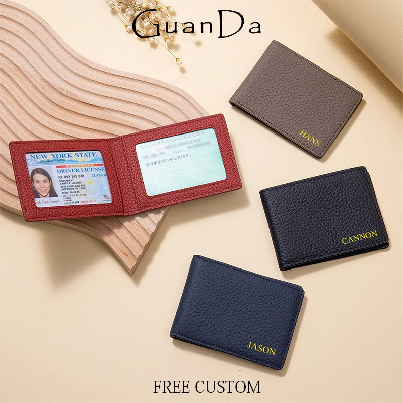 Custom Initials Business Luxury ID Card Holder Engrave Name Man Work Student ID Card Bag Genuine Leather Driver License Wallet