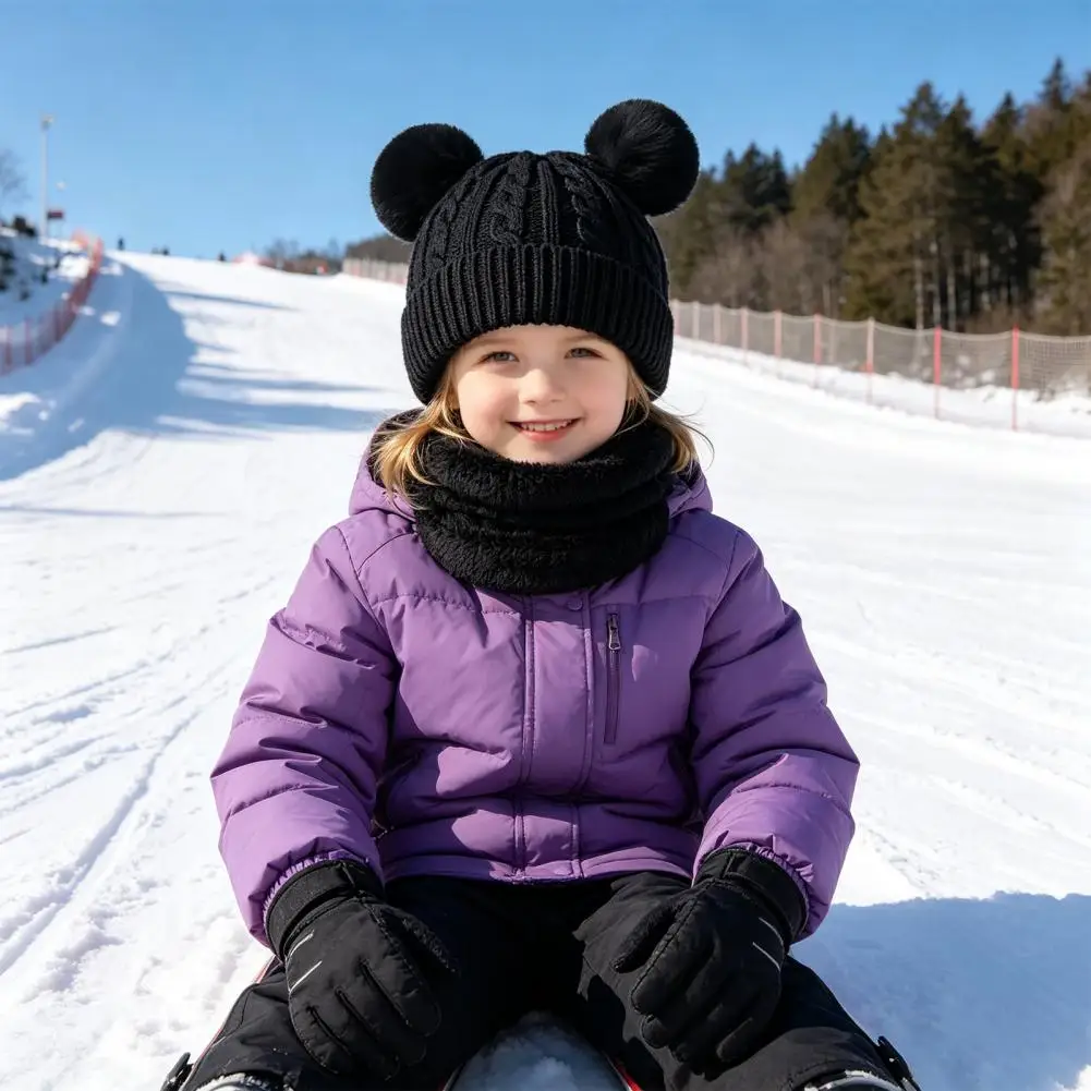 Weather Resistant Thermal Set Kids Winter Knit Set with Bear Ear Hat Fleece Lined Neck Gaiter Full Finger Gloves – for Boys