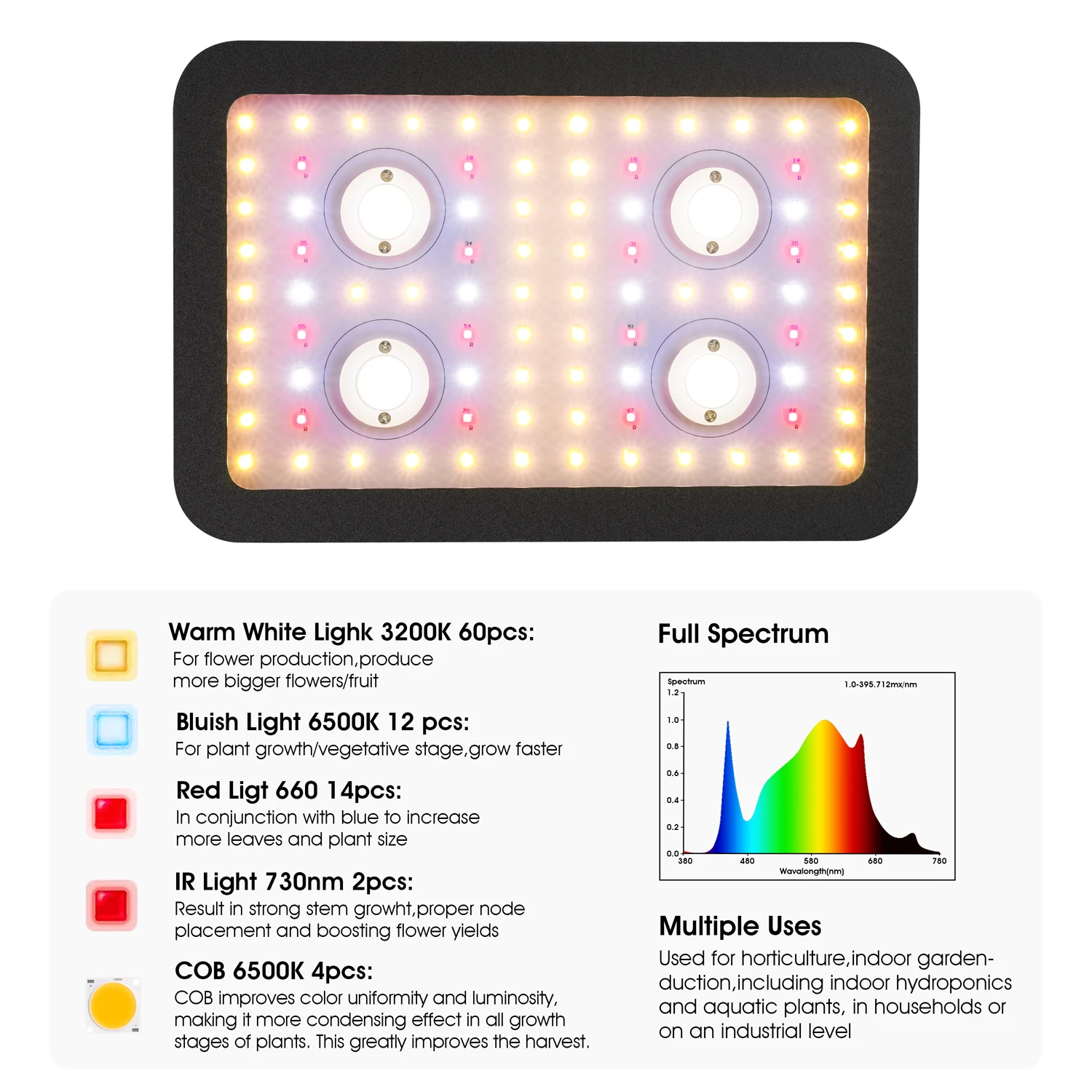 Lampe horticole de croissance LED COB 1200W avec minuterie intégrée, éclairage pour culture intérieure des plantes