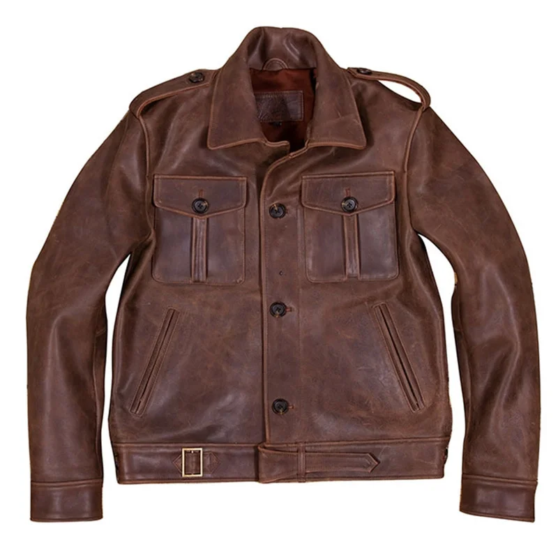 

Autumn Men's Dark Brown Jacket Plus Size 4XL Military Style Naural Thick Cowhide Slim Fit Short P37 Genuine Leather Coats